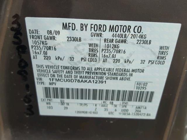 1FMCU0D78AKA12391 - 2010 FORD ESCAPE XLT GRAY photo 10