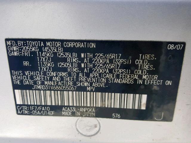 JTMBD31V686055067 - 2008 TOYOTA RAV4 LIMIT SILVER photo 10