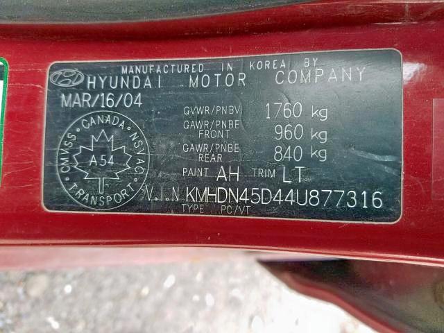 KMHDN45D44U877316 - 2004 HYUNDAI ELANTRA GL RED photo 9