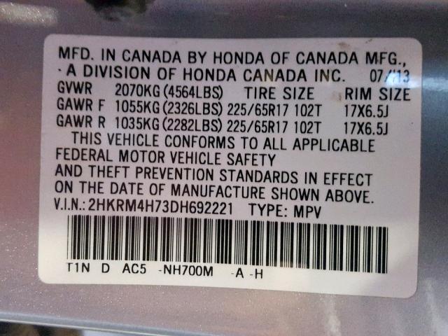 2HKRM4H73DH692221 - 2013 HONDA CR-V EXL SILVER photo 10