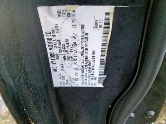 1FMEU74E66UB36106 - 2006 FORD EXPLORER E BLACK photo 10