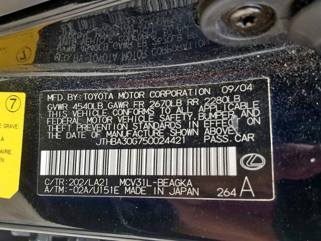 JTHBA30G750024421 - 2005 LEXUS ES 330 BLACK photo 10