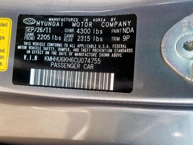 KMHHU6KH6CU074755 - 2012 HYUNDAI GENESIS CO GRAY photo 10