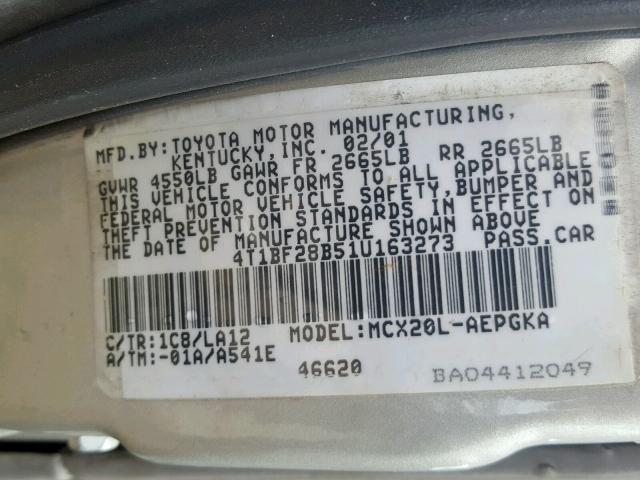 4T1BF28B51U163273 - 2001 TOYOTA AVALON XL SILVER photo 10