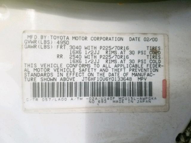 JT6HF10U6Y0133648 - 2000 LEXUS RX 300 WHITE photo 10