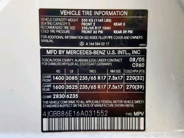 4JGBB86E16A031552 - 2006 MERCEDES-BENZ ML 350 WHITE photo 10