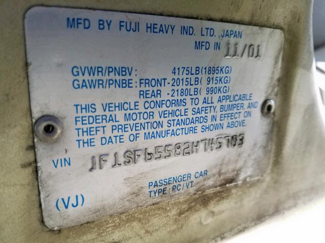 JF1SF65582H745703 - 2002 SUBARU FORESTER S GREEN photo 10