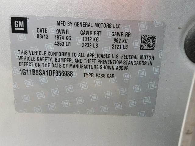 1G11B5SA1DF356938 - 2013 CHEVROLET MALIBU LS 银色 照片 10