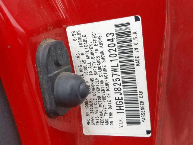 1HGEJ8257WL102043 - 1998 HONDA CIVIC EX RED photo 10