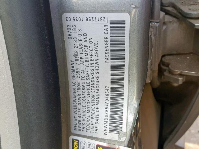 WVWMD63B54P048547 - 2004 VOLKSWAGEN PASSAT GL GRAY photo 10