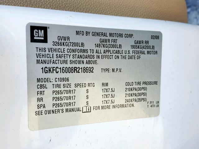 1GKFC16008R218692 - 2008 GMC YUKON XL C WHITE photo 10