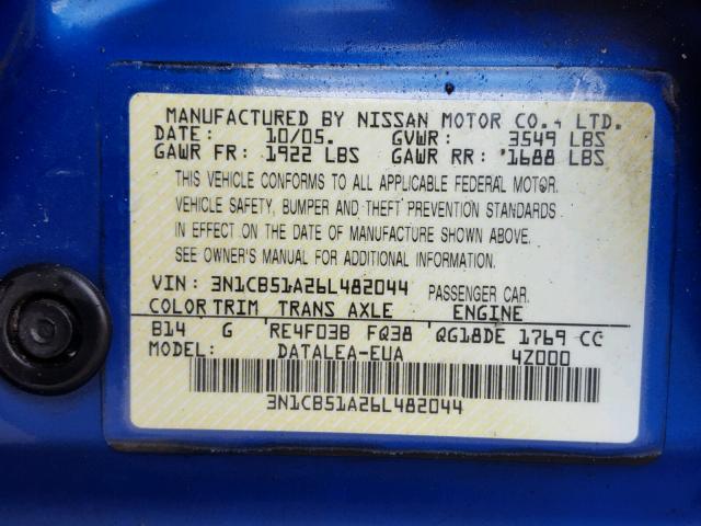 3N1CB51A26L482044 - 2006 NISSAN SENTRA 1.8 BLUE photo 10