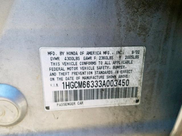 1HGCM66333A003450 - 2003 HONDA ACCORD LX SILVER photo 10