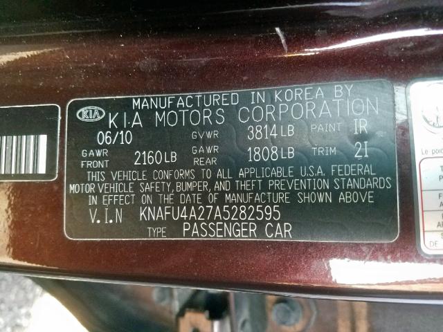 KNAFU4A27A5282595 - 2010 KIA FORTE EX MAROON photo 10