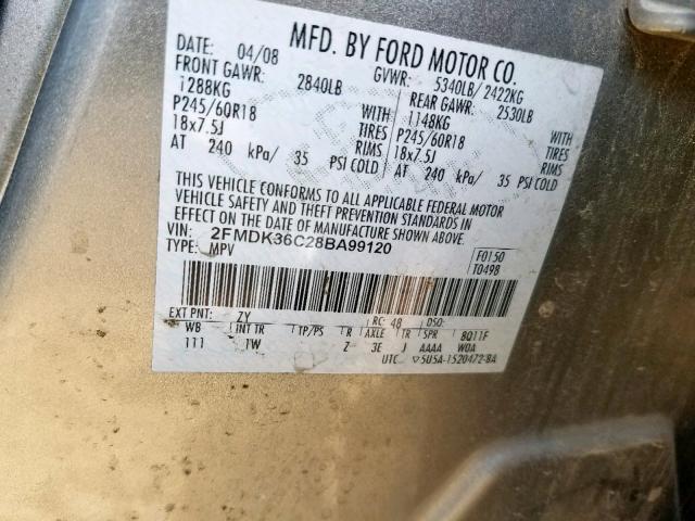 2FMDK36C28BA99120 - 2008 FORD EDGE SE GRAY photo 10