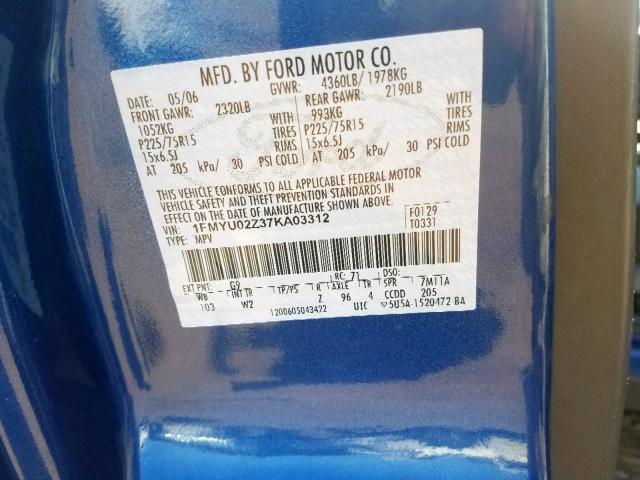 1FMYU02Z37KA03312 - 2007 FORD ESCAPE XLS BLUE photo 10