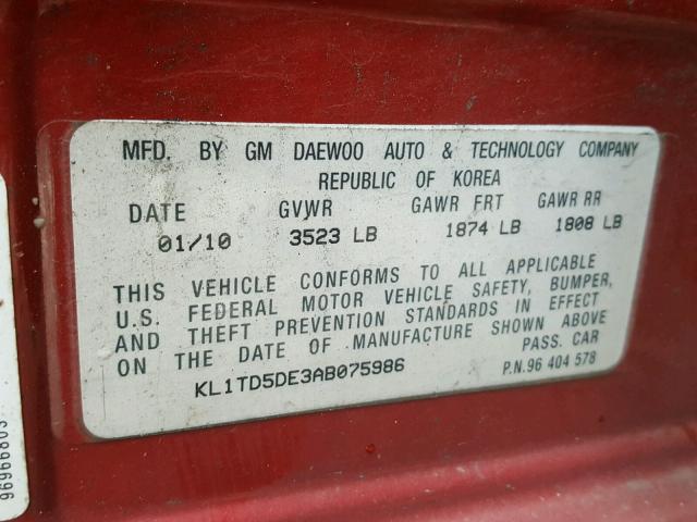 KL1TD5DE3AB075986 - 2010 CHEVROLET AVEO LS MAROON photo 10