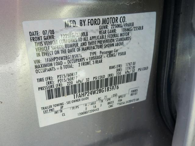 1FAHP24W28G185976 - 2008 FORD TAURUS SEL SILVER photo 10