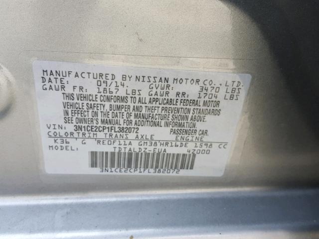 3N1CE2CP1FL382072 - 2015 NISSAN VERSA NOTE GRAY photo 10