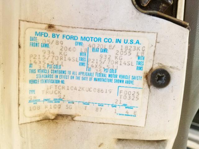 1FTCR10A2KUC08619 - 1989 FORD RANGER WHITE photo 10