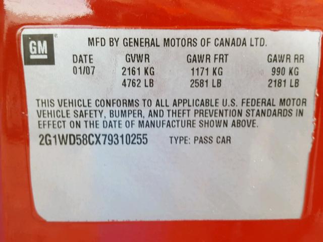 2G1WD58CX79310255 - 2007 CHEVROLET IMPALA SUP RED photo 10