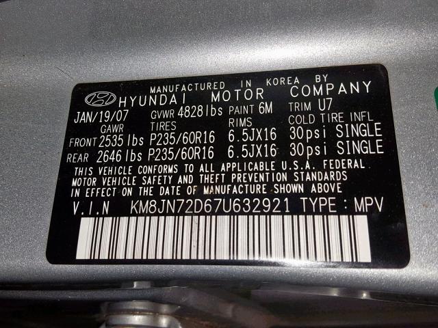 KM8JN72D67U632921 - 2007 HYUNDAI TUCSON SE GRAY photo 10