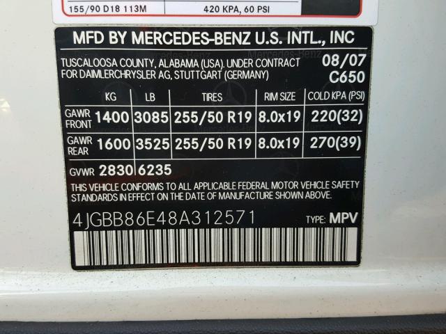 4JGBB86E48A312571 - 2008 MERCEDES-BENZ ML 350 WHITE photo 10