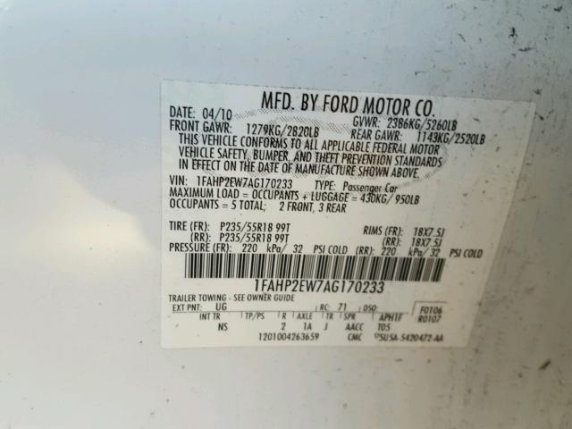 1FAHP2EW7AG170233 - 2010 FORD TAURUS SEL WHITE photo 10