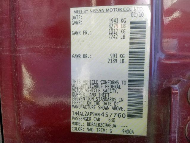 1N4AL2AP9AN457760 - 2010 NISSAN ALTIMA BAS MAROON photo 10