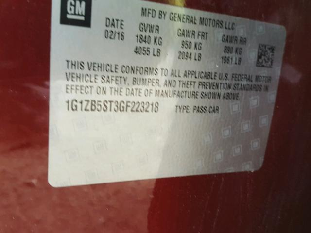 1G1ZB5ST3GF223218 - 2016 CHEVROLET MALIBU LS 栗色 照片 10