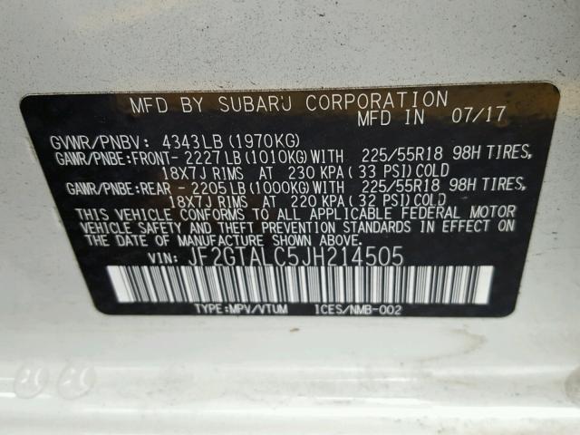 JF2GTALC5JH214505 - 2018 SUBARU CROSSTREK WHITE photo 10