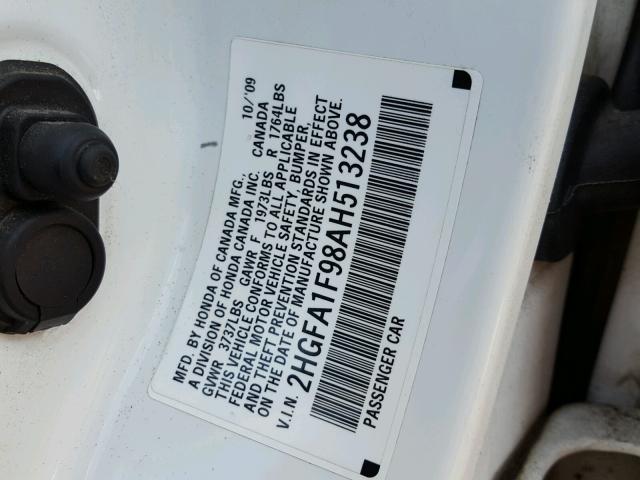 2HGFA1F98AH513238 - 2010 HONDA CIVIC EXL WHITE photo 10