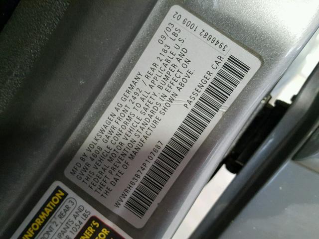 WVWRH63B74P107687 - 2004 VOLKSWAGEN PASSAT GLX GRAY photo 10