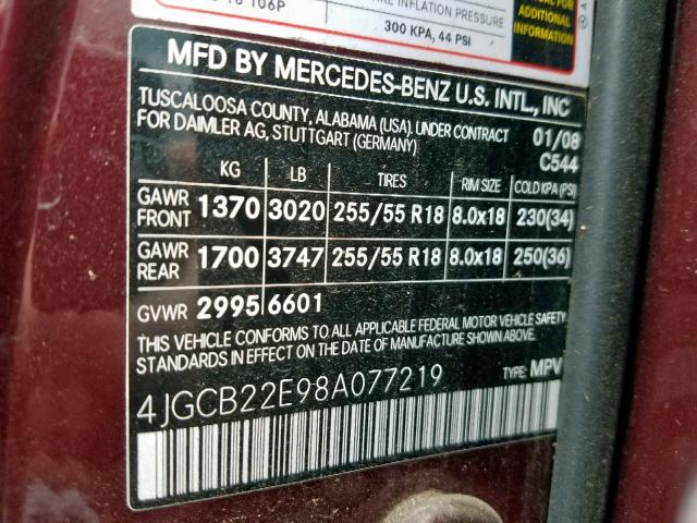 4JGCB22E98A077219 - 2008 MERCEDES-BENZ R 320 CDI BURGUNDY photo 10