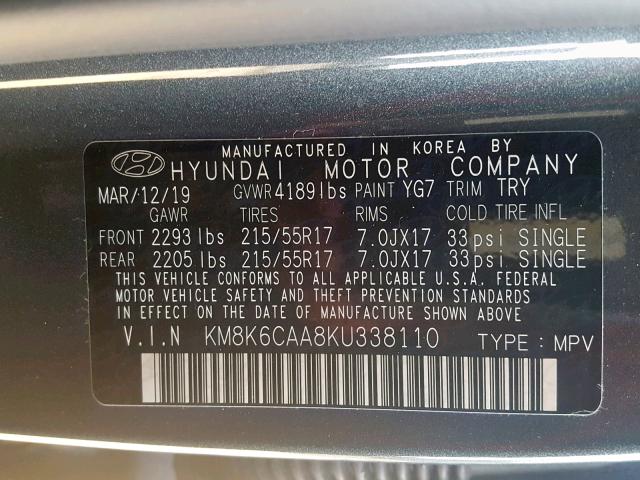 KM8K6CAA8KU338110 - 2019 HYUNDAI KONA SEL GRAY photo 10