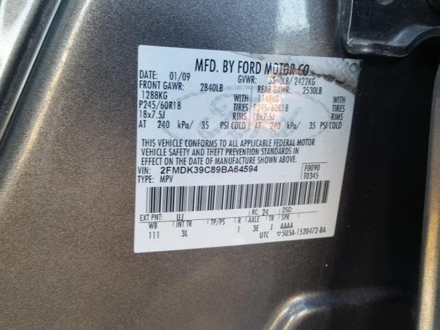 2FMDK39C89BA64594 - 2009 FORD EDGE LIMIT GRAY photo 10