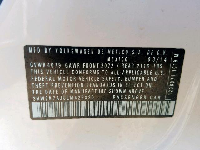 3VW2K7AJ8EM425020 - 2014 VOLKSWAGEN JETTA BASE WHITE photo 10