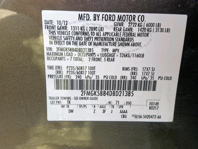 2FMGK5B84DBD21385 - 2013 FORD FLEX SE GRAY photo 10