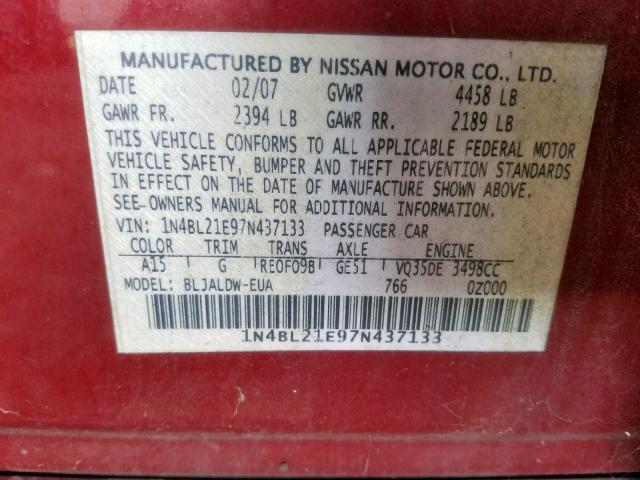 1N4BL21E97N437133 - 2007 NISSAN ALTIMA 3.5 RED photo 10