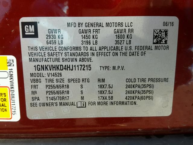 1GNKVHKD4HJ117215 - 2017 CHEVROLET TRAVERSE L RED photo 10