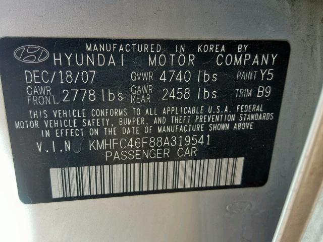 KMHFC46F88A319541 - 2008 HYUNDAI AZERA SE SILVER photo 10