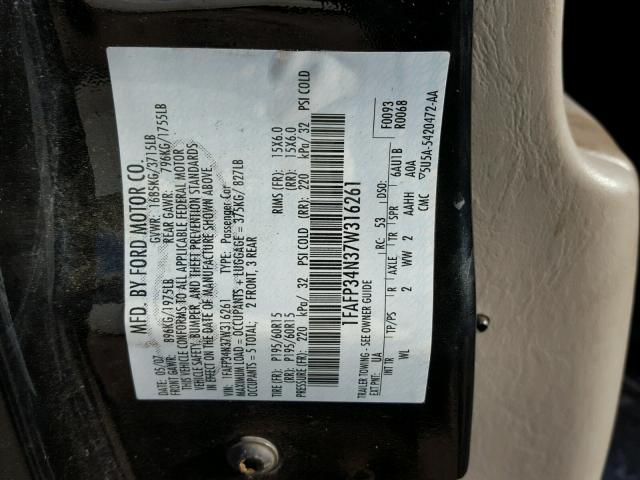 1FAFP34N37W316261 - 2007 FORD FOCUS ZX4 BLACK photo 10