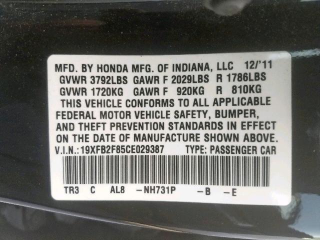 19XFB2F85CE029387 - 2012 HONDA CIVIC EX BLACK photo 10