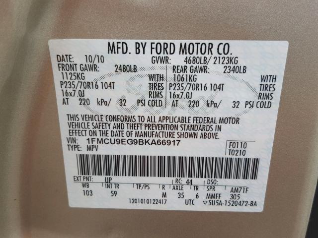 1FMCU9EG9BKA66917 - 2011 FORD ESCAPE LIM TAN photo 10