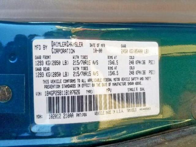 1B4GP25B11B107626 - 2001 DODGE CARAVAN SE TEAL photo 10