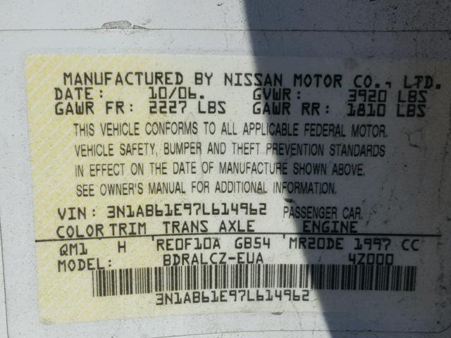 3N1AB61E97L614962 - 2007 NISSAN SENTRA 2.0 WHITE photo 10