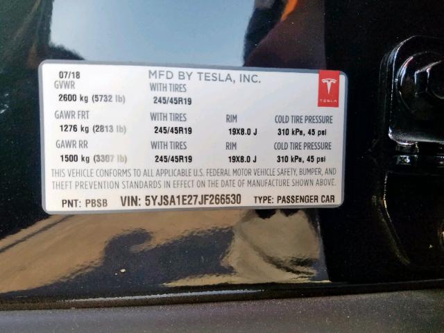 5YJSA1E27JF266530 - 2018 TESLA MODEL S أسود صورة 10