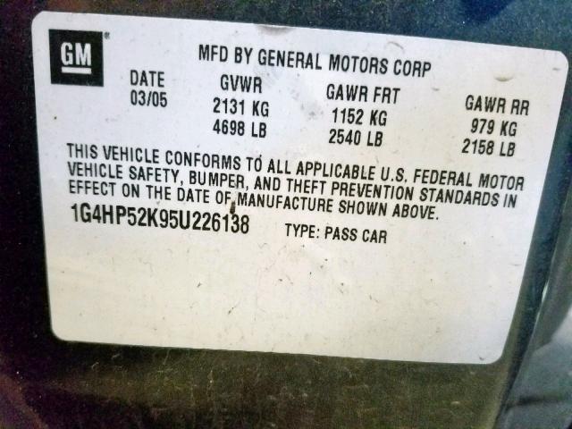 1G4HP52K95U226138 - 2005 BUICK LESABRE CU GRAY photo 10