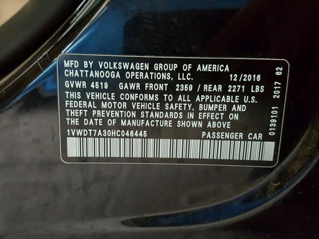 1VWDT7A30HC046445 - 2017 VOLKSWAGEN PASSAT R-L BLACK photo 10