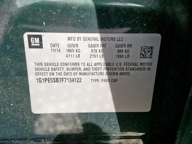 1G1PE5SB7F7134122 - 2015 CHEVROLET CRUZE LT GREEN photo 10